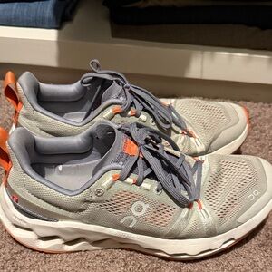 On Running Cloud Surfer Trail Gray and Orange Rinning Shoes